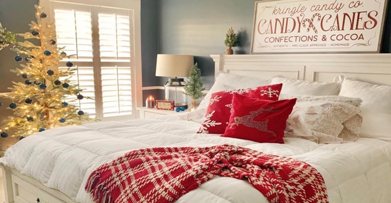 Bedroom decorated for Christmas.